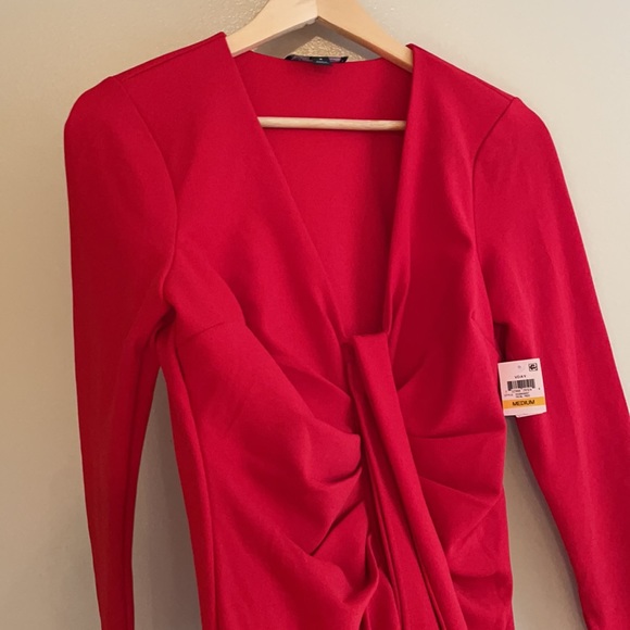 NWT INC red Hollywood runway mini dress tie front drape V day ruched cascade - Picture 8 of 16